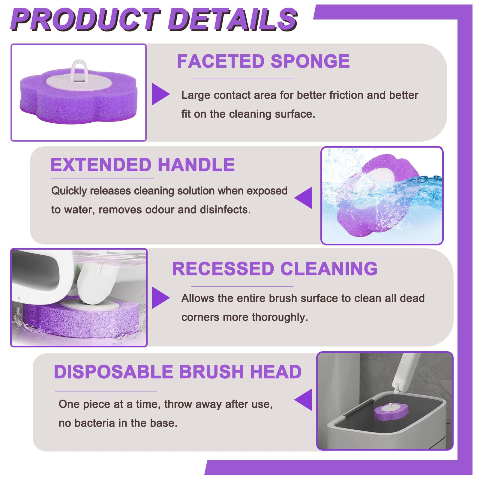 Disposable Toilet Brush Refills,30 Pcs Toilet Wand Replacement Heads-Purple