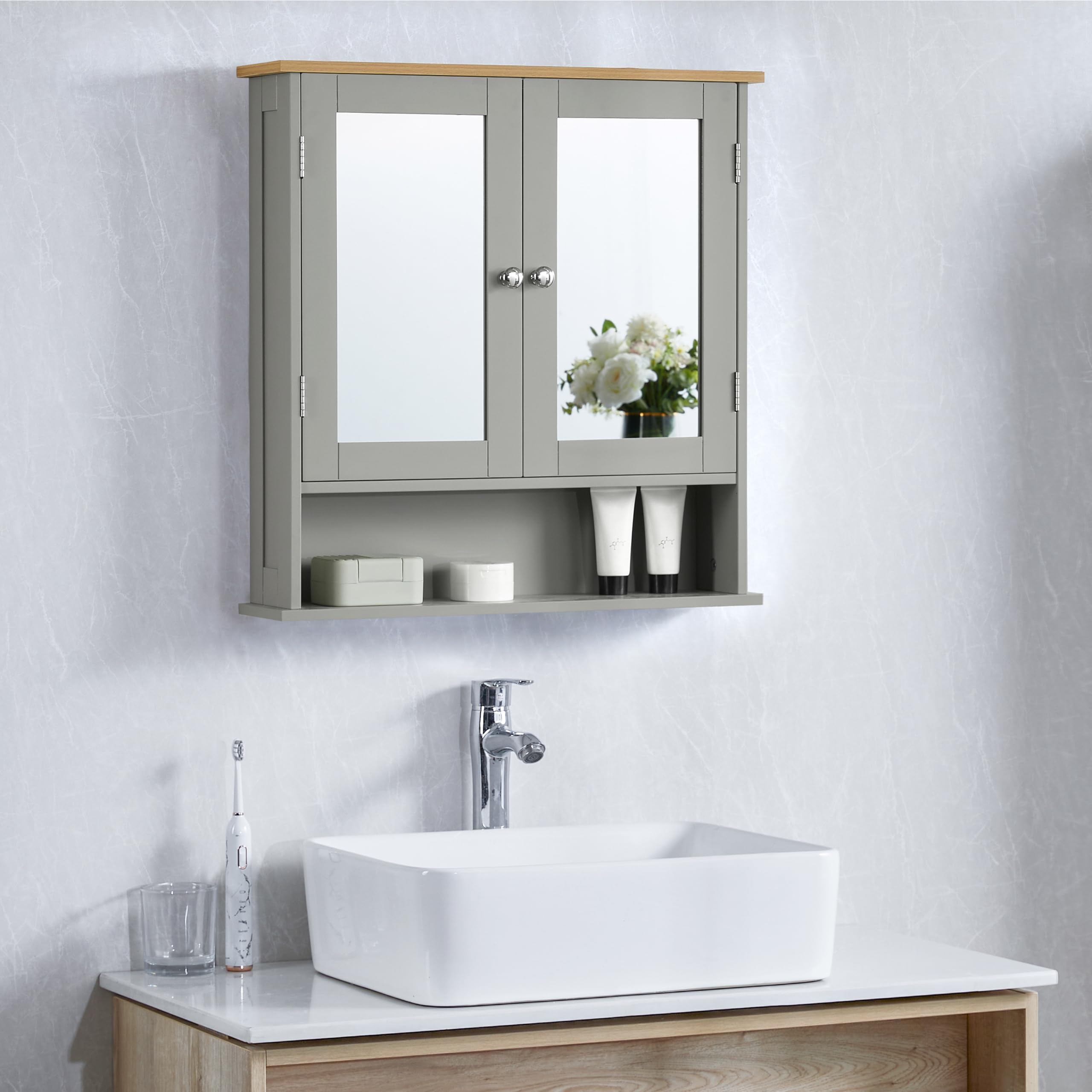 Bath Vida Priano 2 Door Mirrored Wall Cabinet with Shelf | Grey & Oak | 58 H x 56 W x 13 D cm | Easy Assembly | Space-Saving | Round Handles