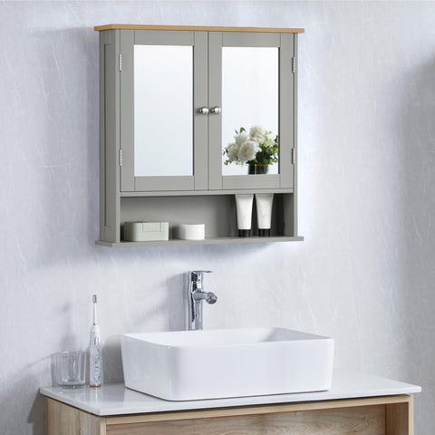 Bath Vida Priano 2 Door Mirrored Wall Cabinet with Shelf | Grey & Oak | 58 H x 56 W x 13 D cm | Easy Assembly | Space-Saving | Round Handles