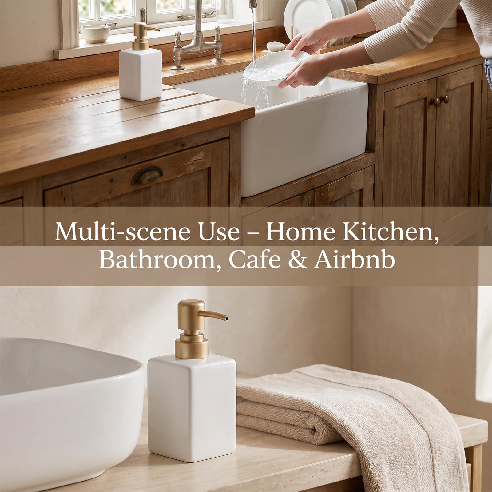 White Ceramic Soap Dispenser - 320ml Hand Soap Dispenser with Long Spout Refillable Shampoo Lotion Dispenser Elegant Square Design for Bathrooms
