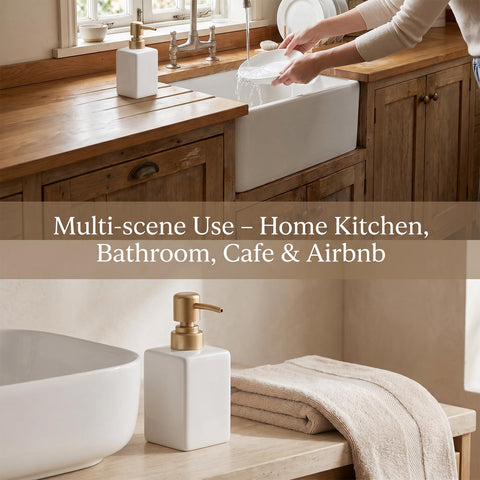 White Ceramic Soap Dispenser - 320ml Hand Soap Dispenser with Long Spout Refillable Shampoo Lotion Dispenser Elegant Square Design for Bathrooms