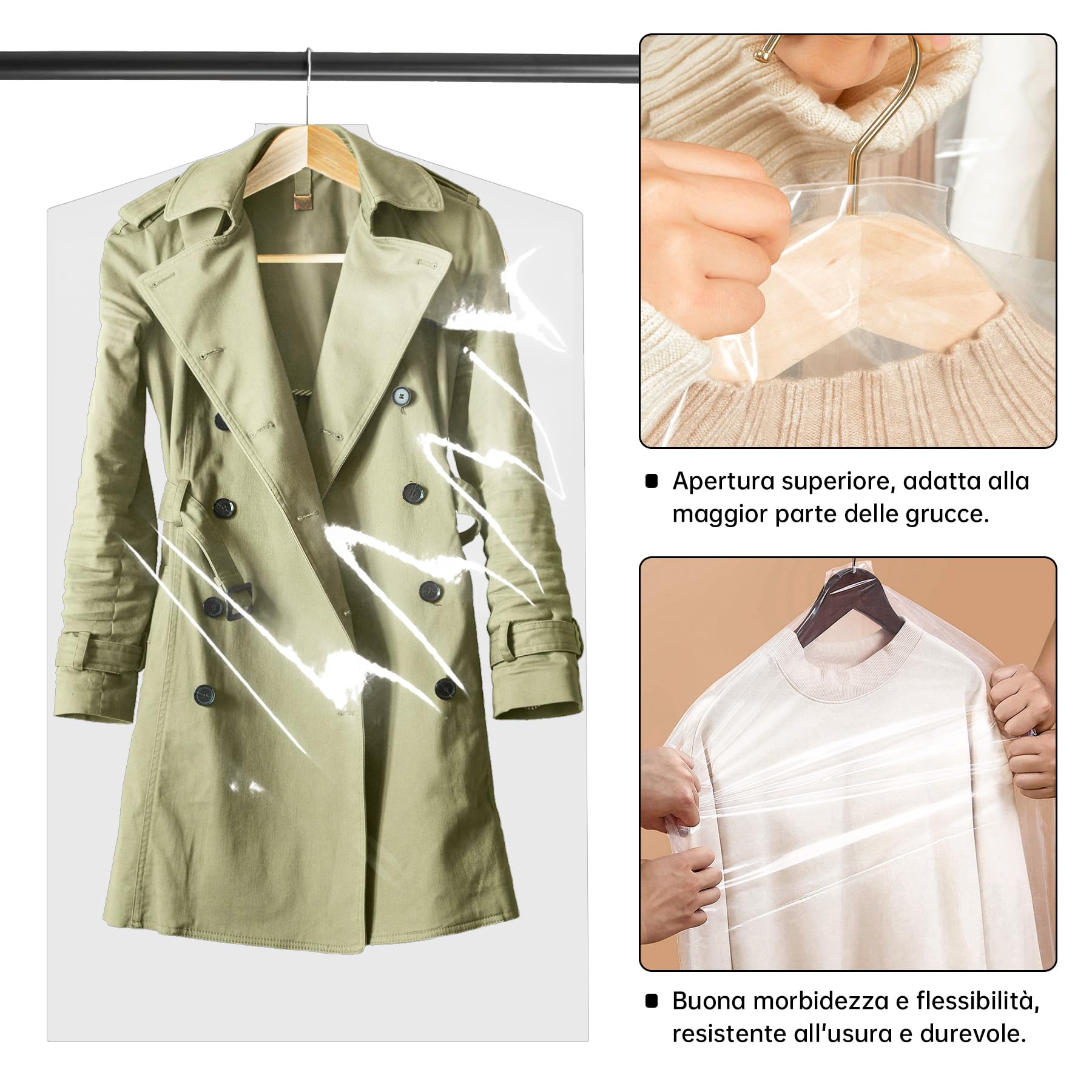 100PCS Disposable Clear Garment Cover Bags, 60 x 100 cm Plastic Dustproof Clothes Covers, Waterproof and Hanging