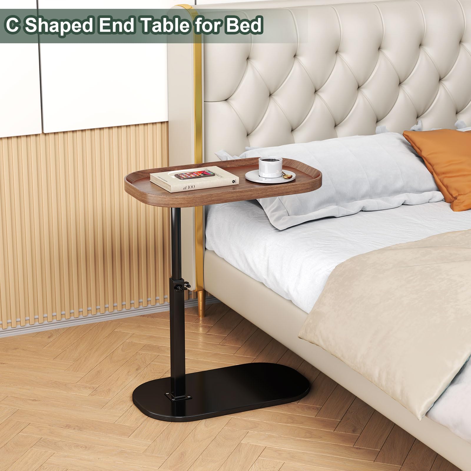 YUTVCZO Adjustable Height C Shaped Side Table, 360°Swivel Sofa C Tables That Slide Under, Small Tv Tray for Sofa Arm and Bedside