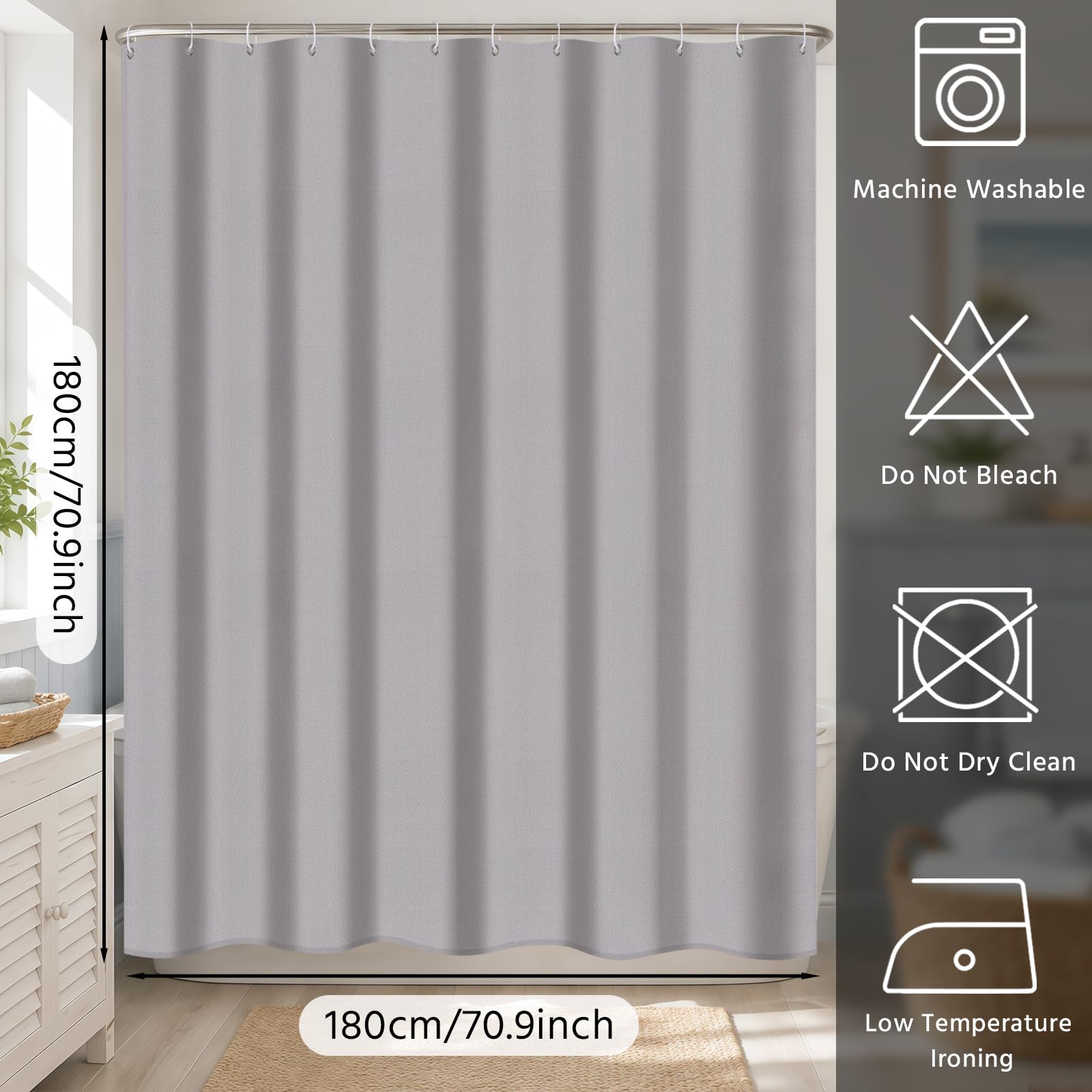 FAVORTALK Shower Curtain Mould Proof Mildew Resistant, 180x180cm Grey Bathroom Curtain Set With 12 Hooks, Weighted Hem
