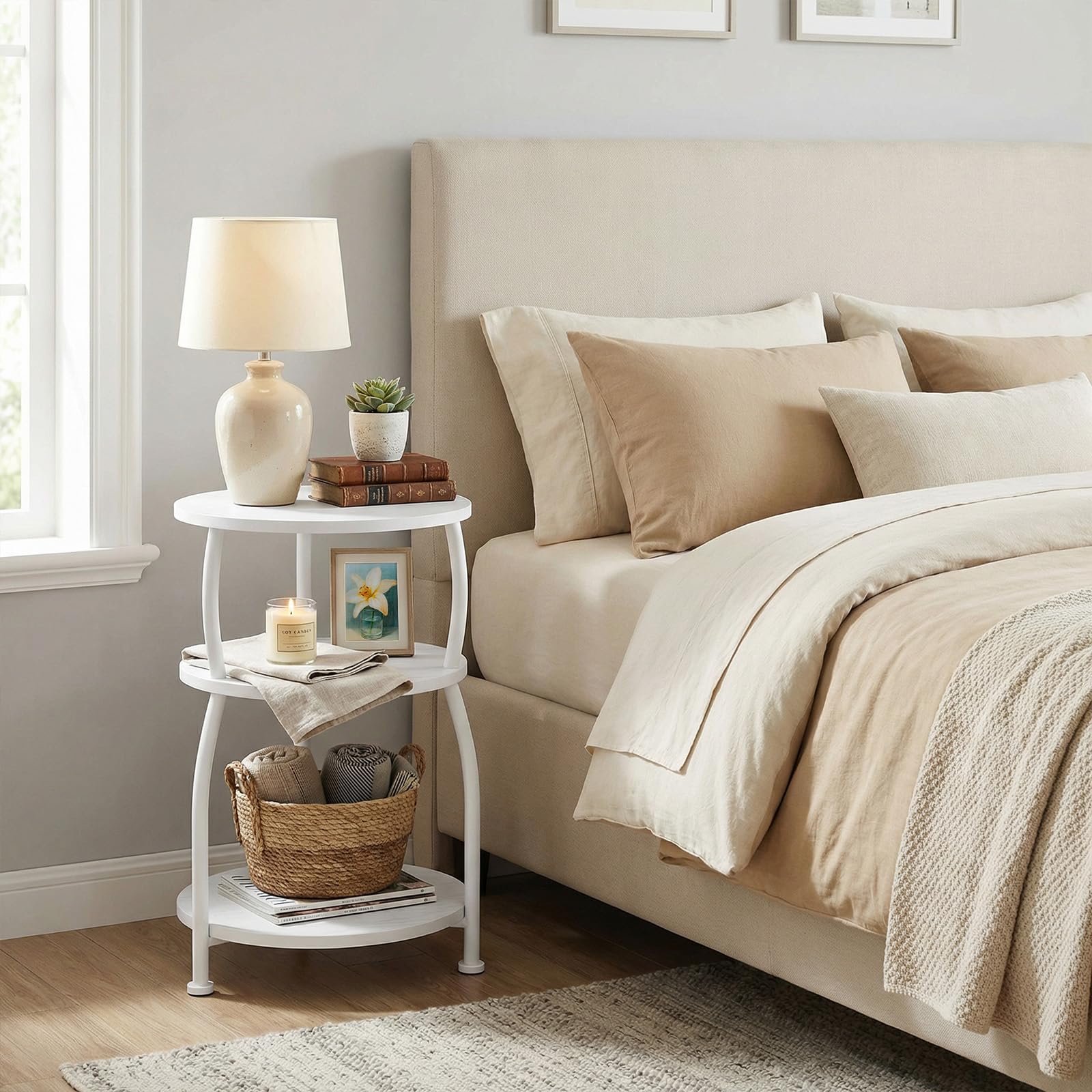 Yuede 3 Tier Side Table, Round Coffee Table, End Table with Storage Shelf, Bedside Table, for Living Room, Bedroom, Metal Frame, 40 x 61 cm, White
