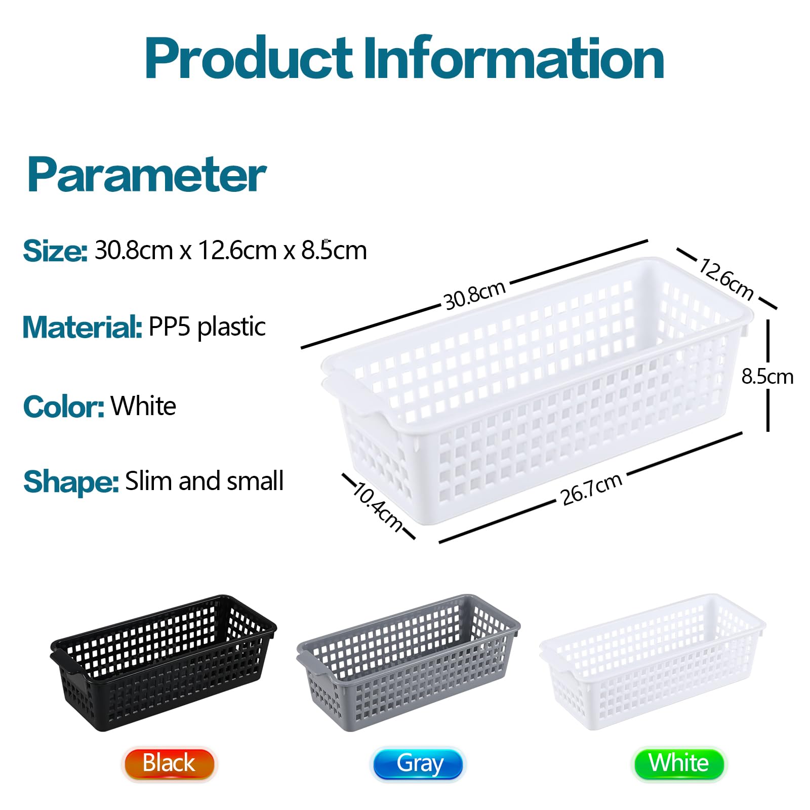 Hayixia 12 Pack Slim Plastic Storage Baskets, Small Organizing Basket Set, White