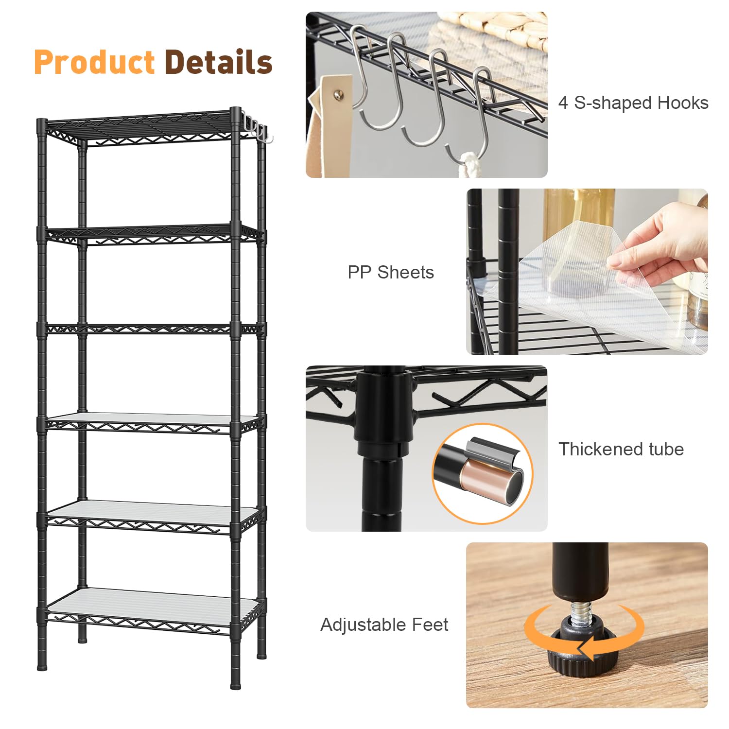 6-Shelf Storage Rack Unit With Height Adjustable Shelves & Levelling Feet