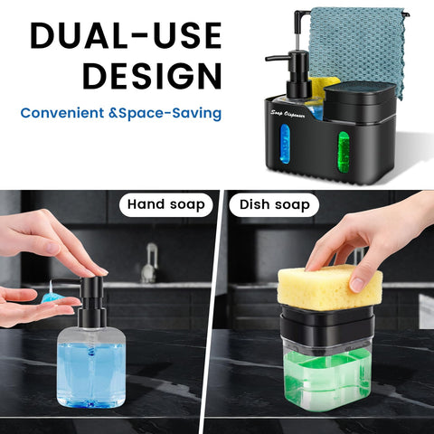 Hand Soap and Dish Soap Dispenser Set for Kitchen, Dual Soap Dispenser with Sponge Holderand Dishcloth Holder 4-in-1 Organizer for Kitchen Sink