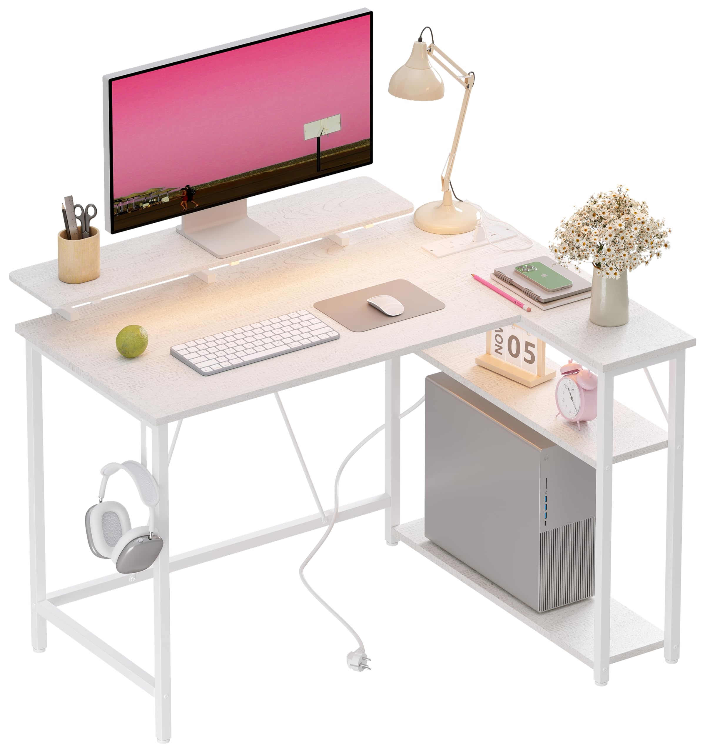 Xyphren L Shaped Gaming Desk with RGB LED Lights & Power Outlets, Small Computer Desk with Adjustable Shelves
