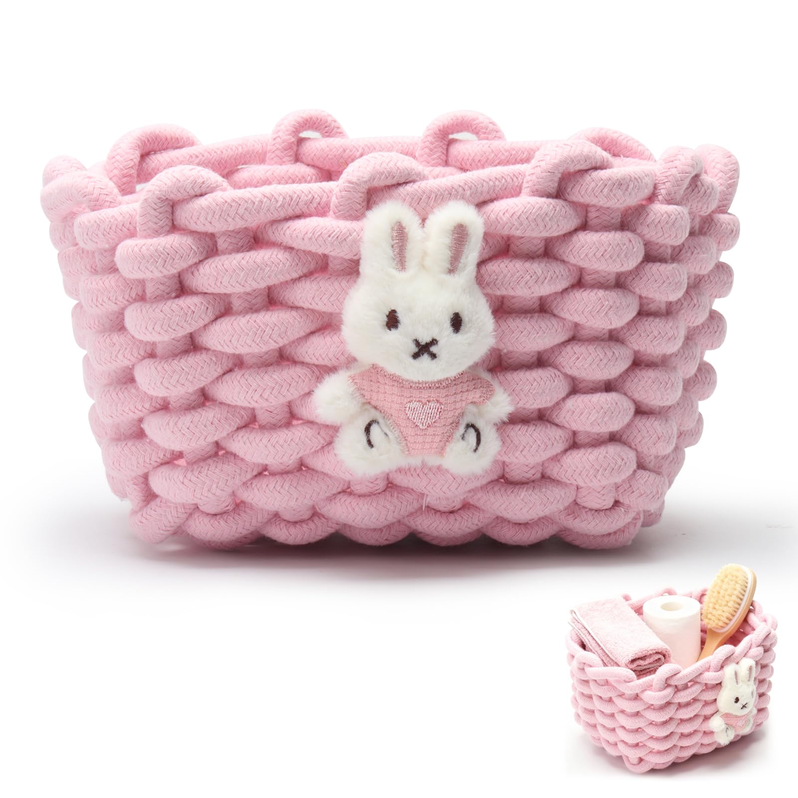 Woven Cotton Wicker Storage Basket with Bear Motif, White - Bathroom Organizer for Desk, Makeup Table, Cabinets, Bath, Kitchen (Pink - Rabbit)