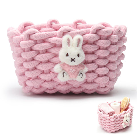 Woven Cotton Wicker Storage Basket with Bear Motif, White - Bathroom Organizer for Desk, Makeup Table, Cabinets, Bath, Kitchen (Pink - Rabbit)
