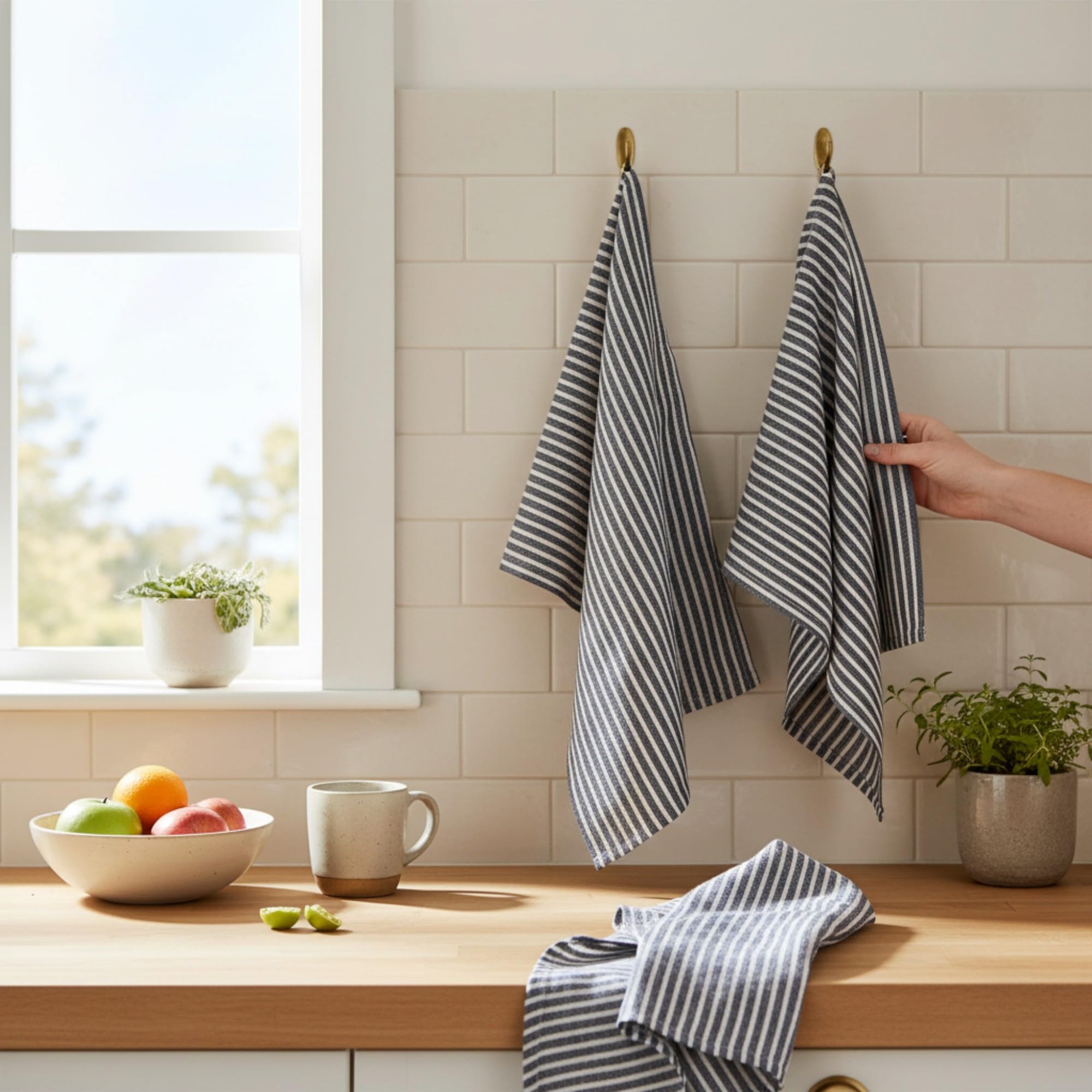 Eight Owls Stonewashed Linen Kitchen Dish Towels – 50 x 68 cm – 100% Pure Linen Tea Towel/Hand Towel - set of 2 (Navy Stripe)