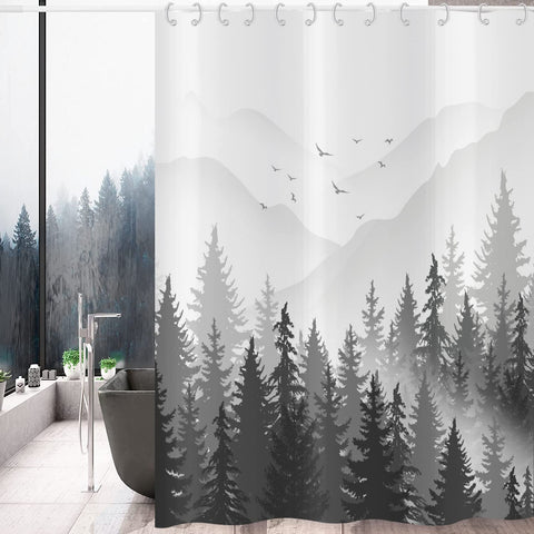Hnmdmyi Black and White Shower Curtain 180x200, Misty Forest Mountain Ombre Grey Foggy Nature Tree Woodland Landscape Bathroom Curtains Waterproof