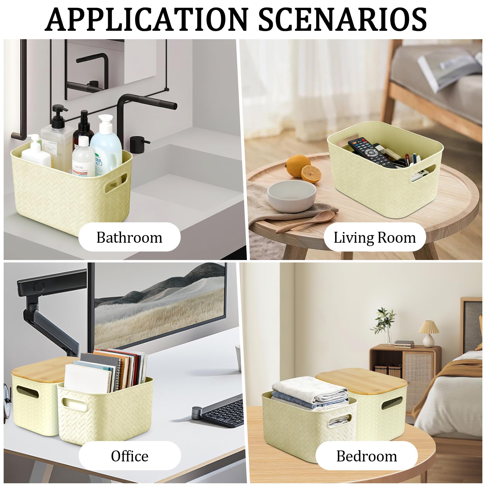 RWFMO 4 Pcs Plastic Beige Storage Baskets with Bamboo Lid for Bathroom