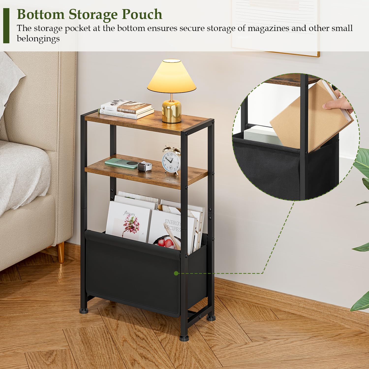 Wooruy 7" Narrow Side Table,Slim End Table with Shelves & Storage Bag