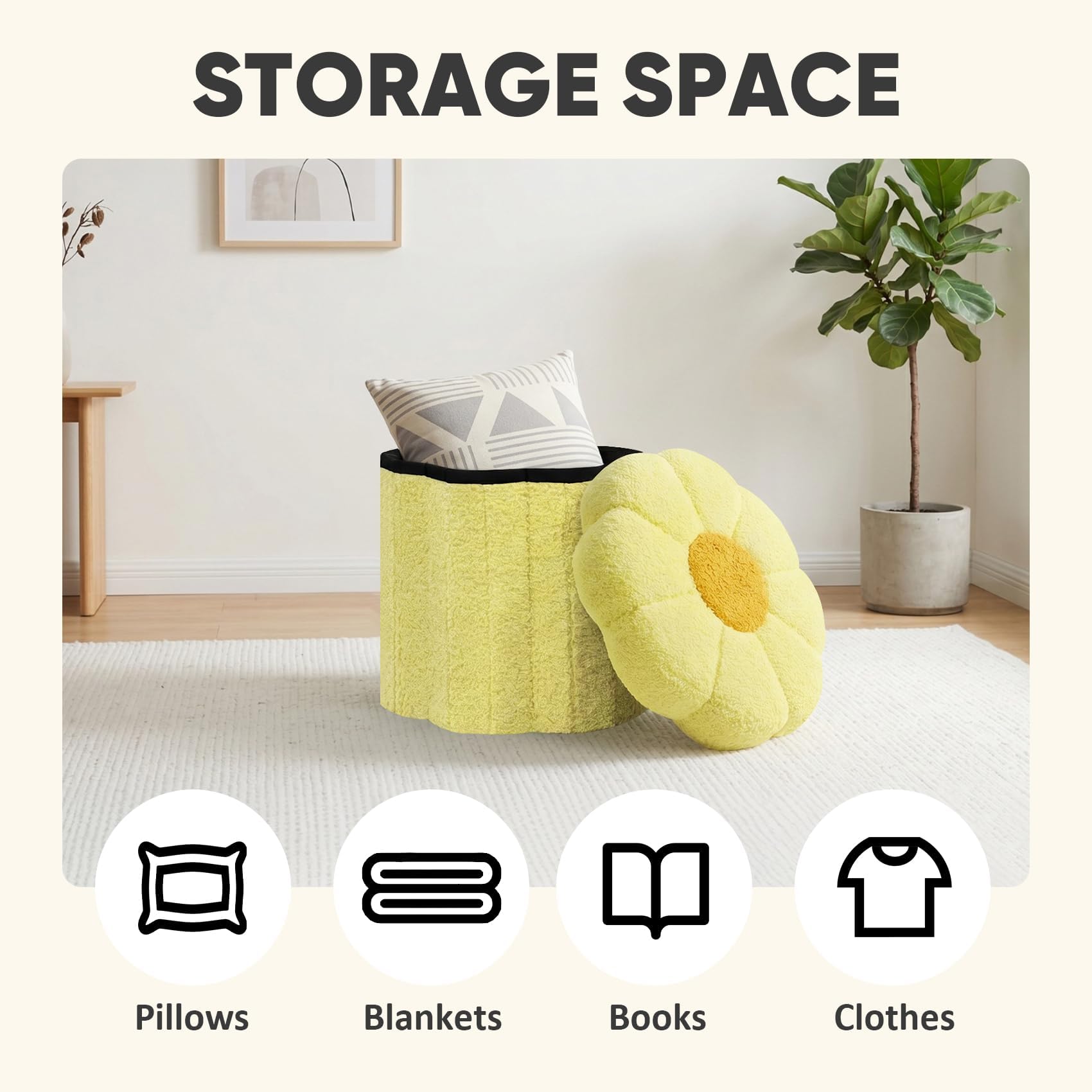 PINPLUS Small Folding Storage Ottoman with Lid, 32x32x29 cm, Yellow