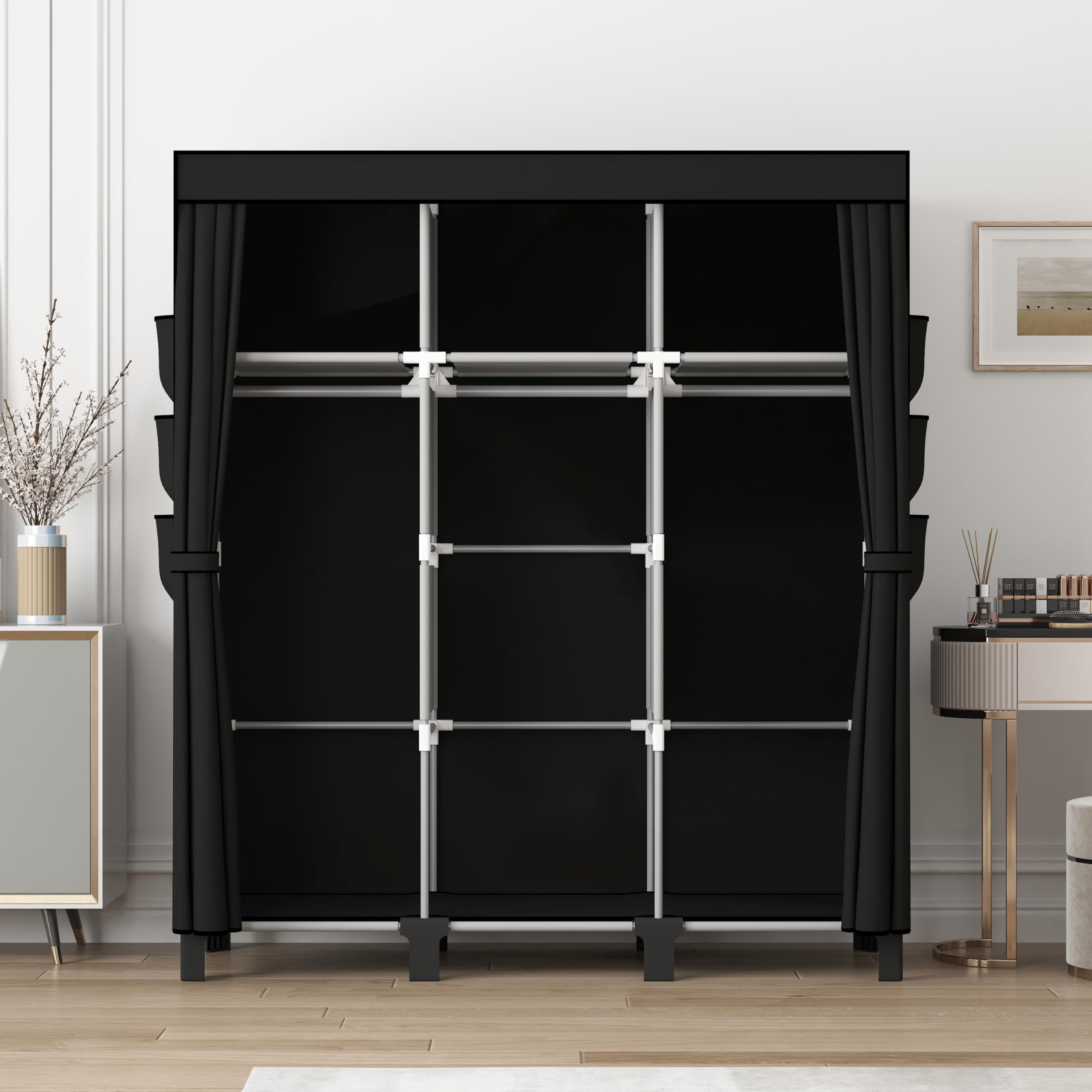 dongliangqinying Portable Fabric Wardrobe, 130x45x170cm Foldable Closet with 3 Hanging Areas and 18 Side Pockets