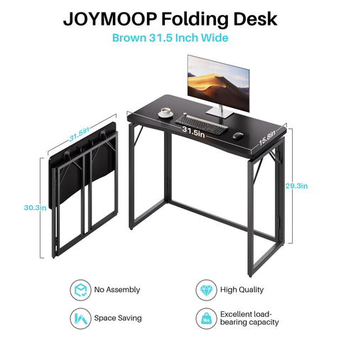 JOYMOOP Black 80 x 40 cm Folding Desk, No Assembly Small Foldable Desk for Home, Office, Wooden Top Folding Computer Desk for Working, Writing