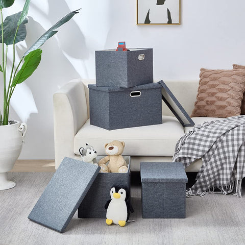AlphaHome Fabric Storage Boxes with Lids [2 Pack], Foldable Linen Fabric Storage Baskets for Organising Clothes and Toys (Slate Grey, Large)