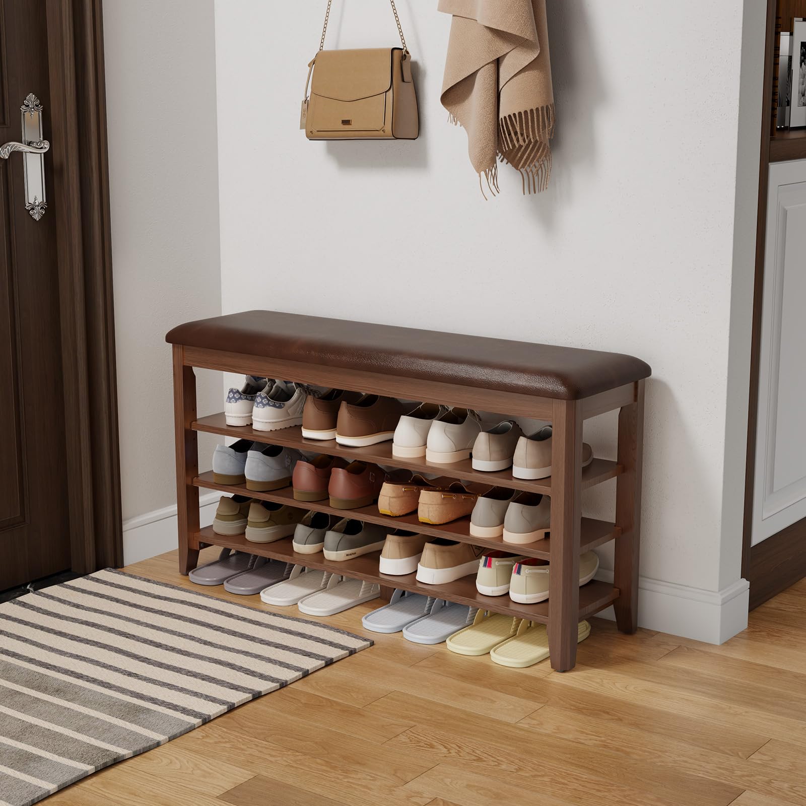 AQIMUELE Shoe Bench, Shoe Bench Storage with Seat, Wooden Shoe Rack 3-Tier, for Hallway, Entryway, Living Room, Bedroom, 100cm (Walnut)