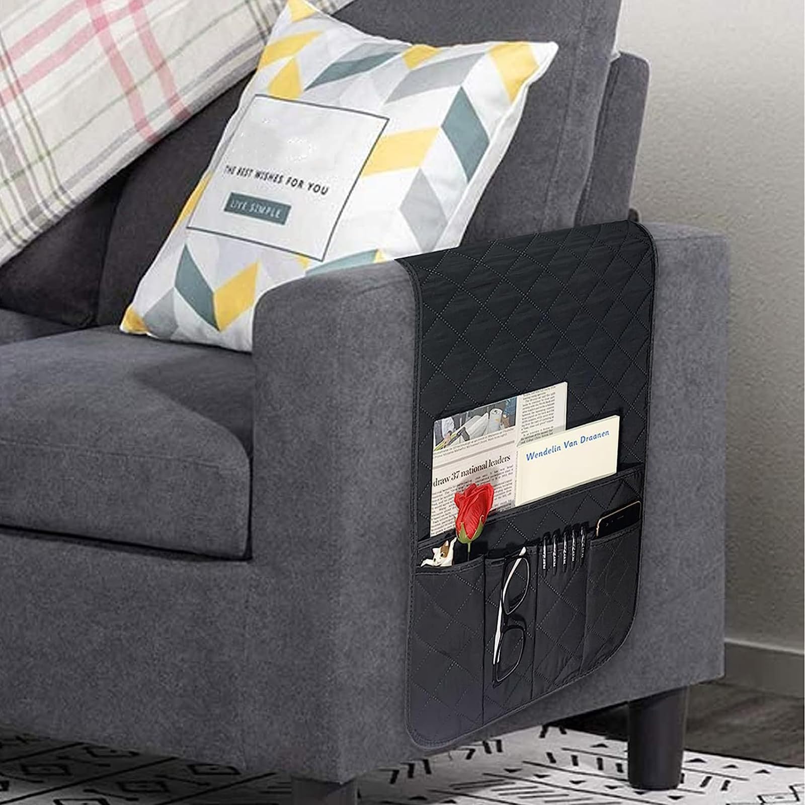Sofa Armrest Organizer Remote Control Holder Armchair Caddy Armchairs Couch Organiser for Phone, Book, Magazines - Beige