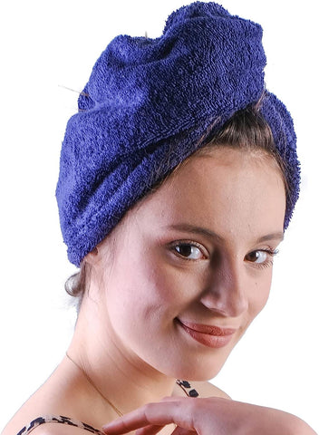 LLAMAXY 100% Pure Organic Cotton Hair Towel - Quick Dry Turban Wrap for Adults and Children - 3 Pack Blue