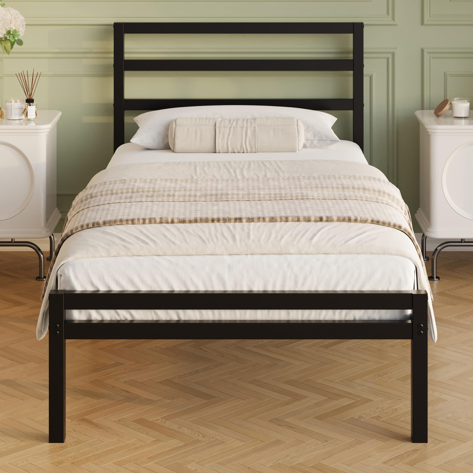 Lutown-Teen Metal Single Bed Frame with Headboard and Footboard