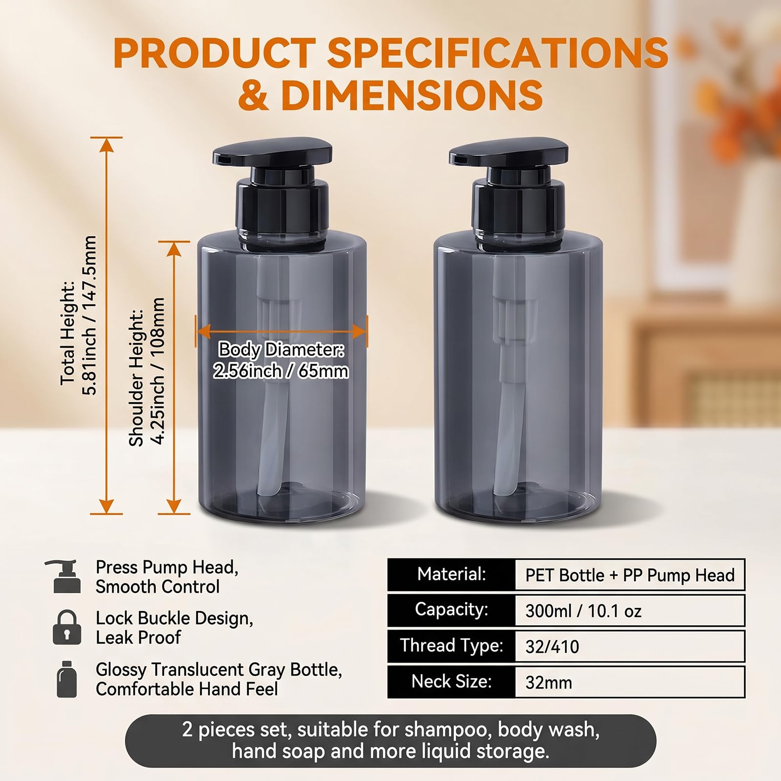 ASTRQLE 2Pcs 300ml/10oz Grey Refillable Plastic Soap Dispenser Pump Bottles