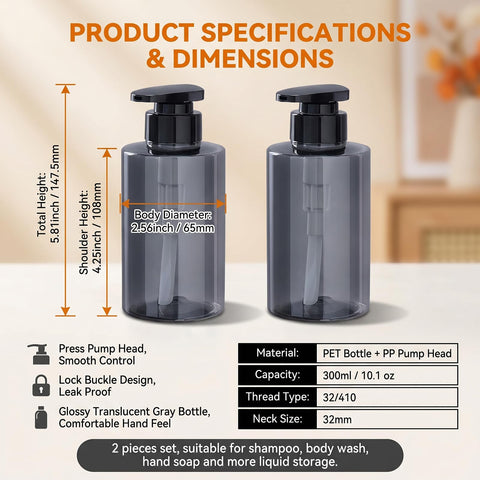 ASTRQLE 2Pcs 300ml/10oz Grey Refillable Plastic Soap Dispenser Pump Bottles