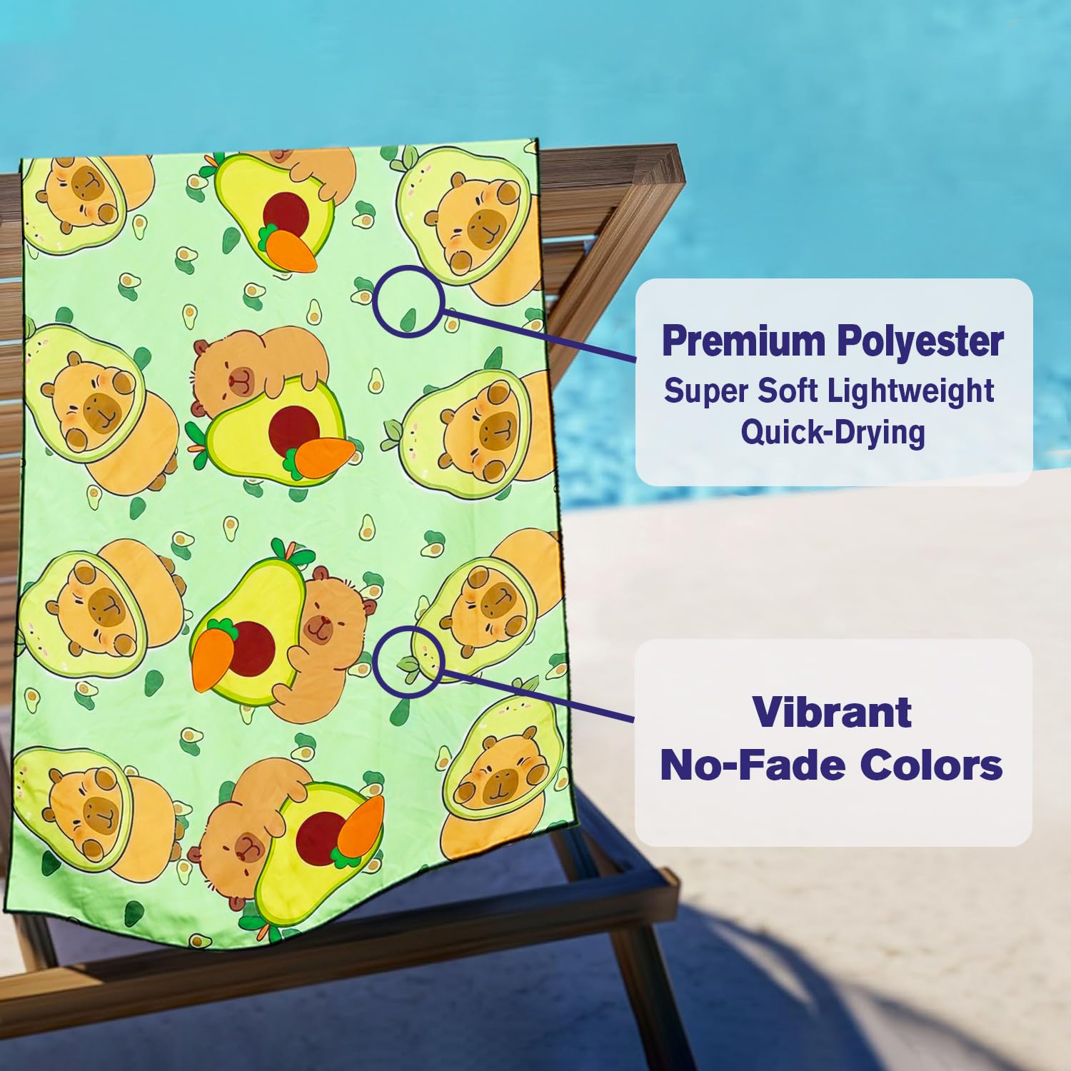 Violetpos Capybara & Avocado Beach Towel, Extra Large 180x90 cm 250GSM Microfibre, Sand Free Quick Dry