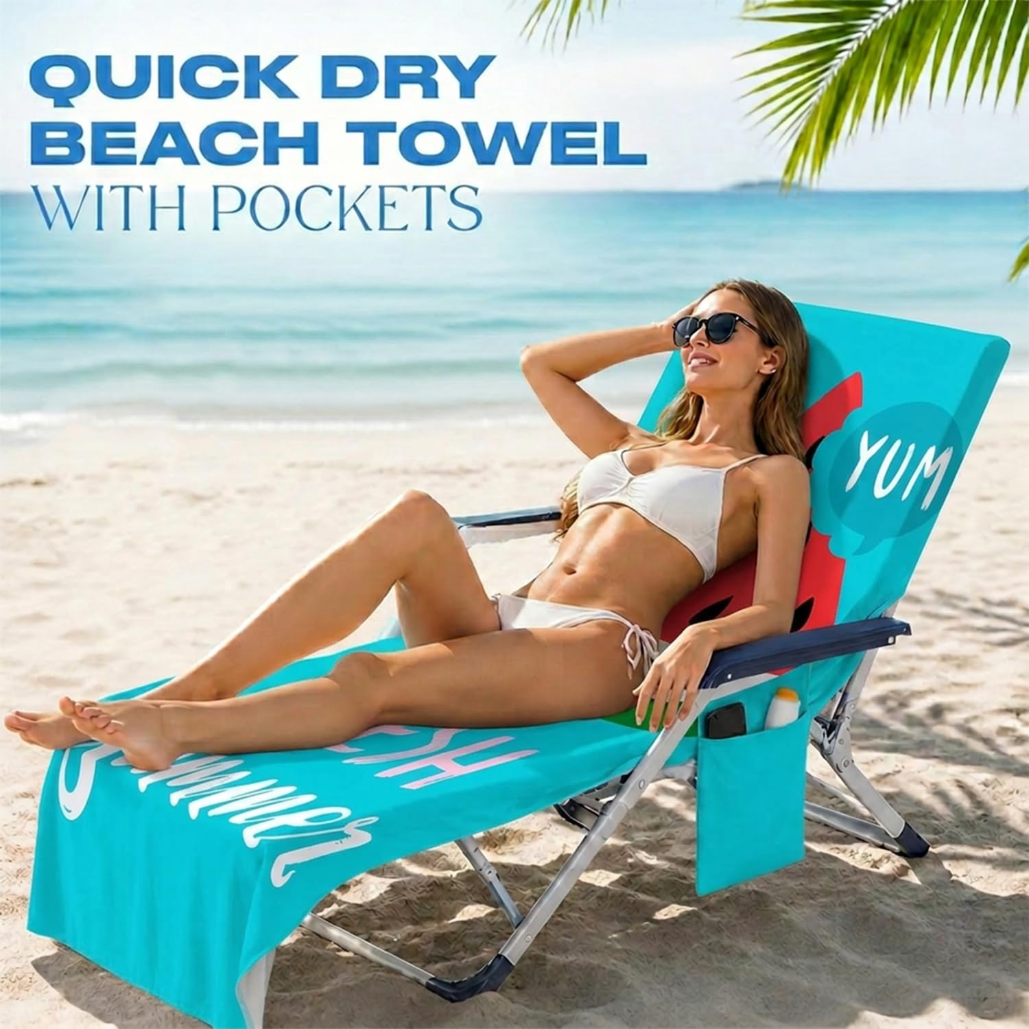 Surwin Sun Lounger Towel with Pockets, 3D Juice Print Quick Dry Beach Towel, Microfiber Sunbed Towels Travel Lounger Bag for Loungers Summer Holiday