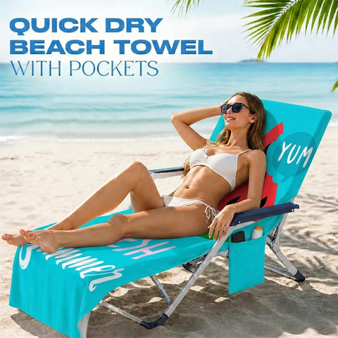 Surwin Sun Lounger Towel with Pockets, 3D Juice Print Quick Dry Beach Towel, Microfiber Sunbed Towels Travel Lounger Bag for Loungers Summer Holiday