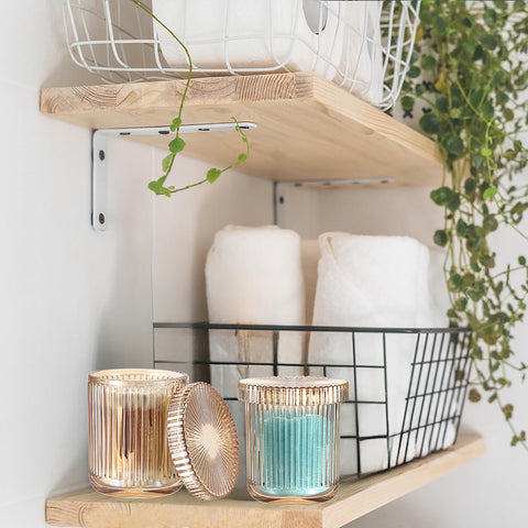OLegei Glass Cotton Ball and Swab Holder Organizer, Set of 2 Bathroom Glass Storage Jars with Lid, Q-tips Floss Dispenser