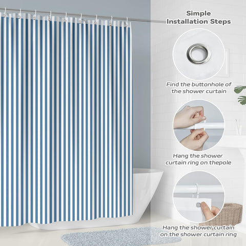 Hopomoon Blue and White Striped Shower Curtain,Vintage Blue Vertical Striped Geometric Waterproof Polyester Fabric Bath Curtain with 12 Hooks 72 x 72