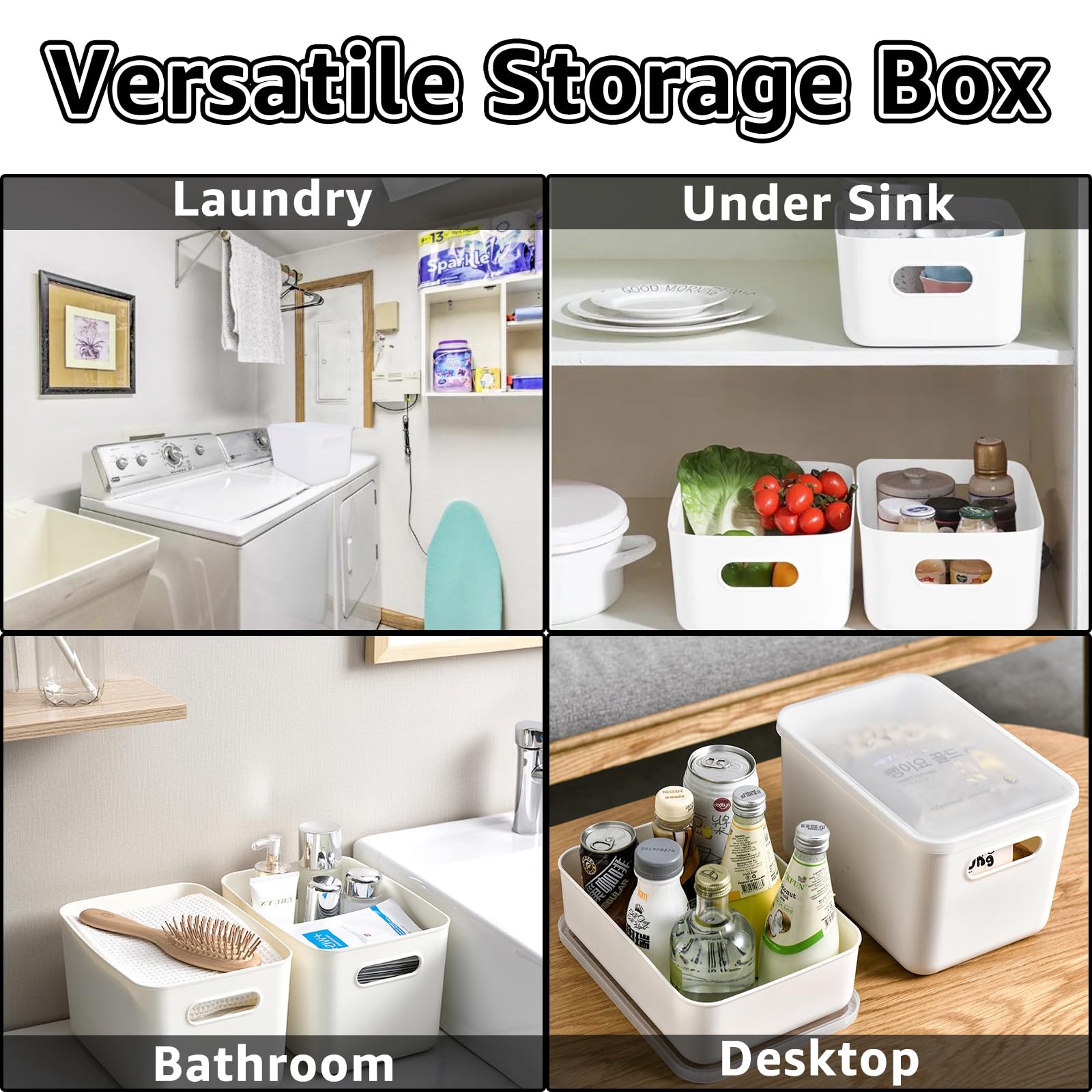 WOPPLXY 4PCS White Storage Boxes with Lid - 6.5L Stackable, Durable Boxes - White Plastic Storage Box with Lid for Desktop, Bathroom, Kitchen