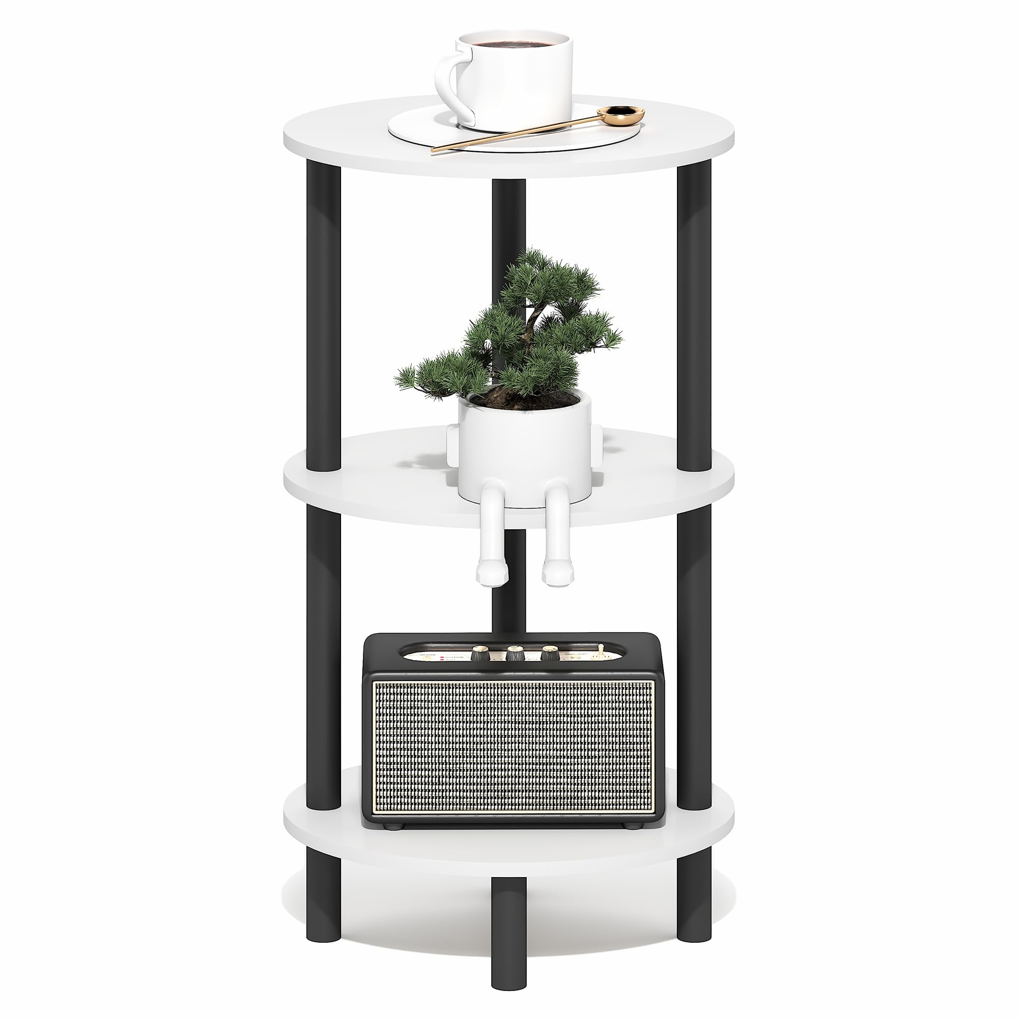 Furinno TURN-N-TUBE Side Table, 3-Tier Oval End Table, Night Stand, Bedside Table, for Living Room, Bedroom, White/Black