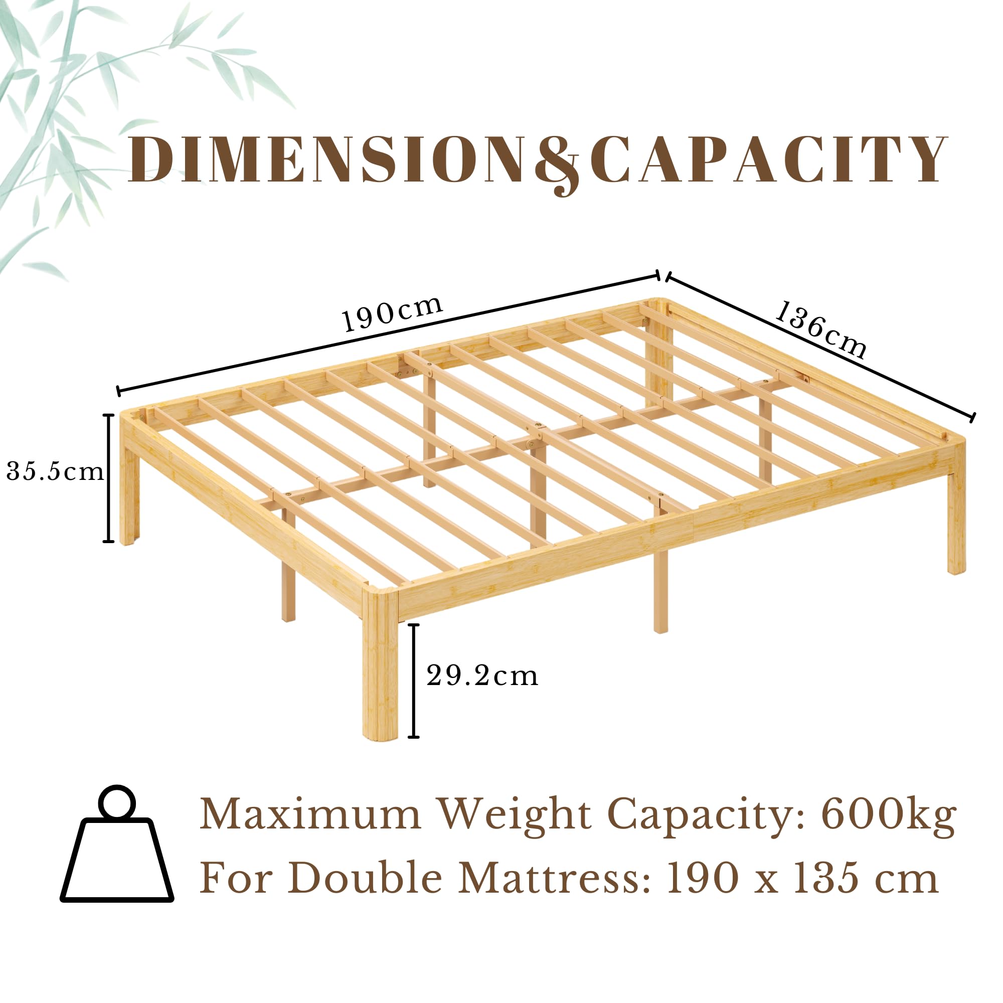 QFtime Bamboo Wood Double Bed Frame, Platform Bed Frame Double with Metal Slats Support, Easy to Install, Noise Free, Sturdy, 30.5 cm High