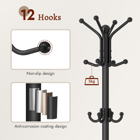 FAVOOSTY Coat Stand Coat Rack with 12 Hooks, Free standing Clothes Clothing Rack with Umbrella Holder, Hats