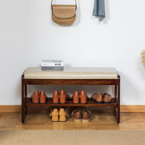 SOBIBO Solid Wood Shoe Bench, 2-Tier Entryway Bench with Cushion and Flip-Open Storage Box, Mid-Century Modern Shoe Bench Rack for Hallway