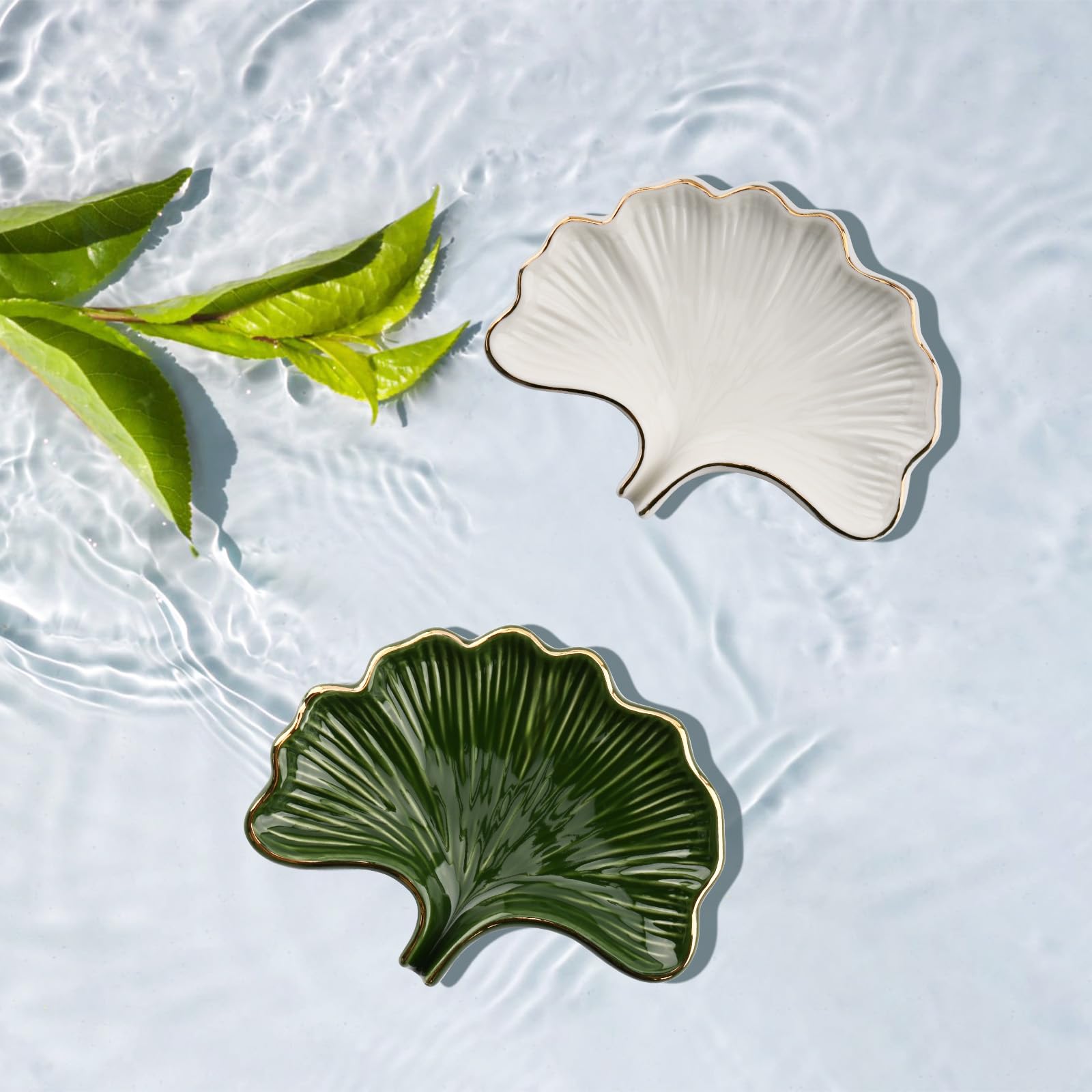 YoHyien Ceramic Soap Dish with Drainage, Ginkgo Leaf Shaped Soap Dish for Bathroom, Self Draining Soap Holder for Shower, Kitchen, and Sink