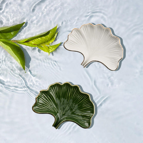 YoHyien Ceramic Soap Dish with Drainage, Ginkgo Leaf Shaped Soap Dish for Bathroom, Self Draining Soap Holder for Shower, Kitchen, and Sink