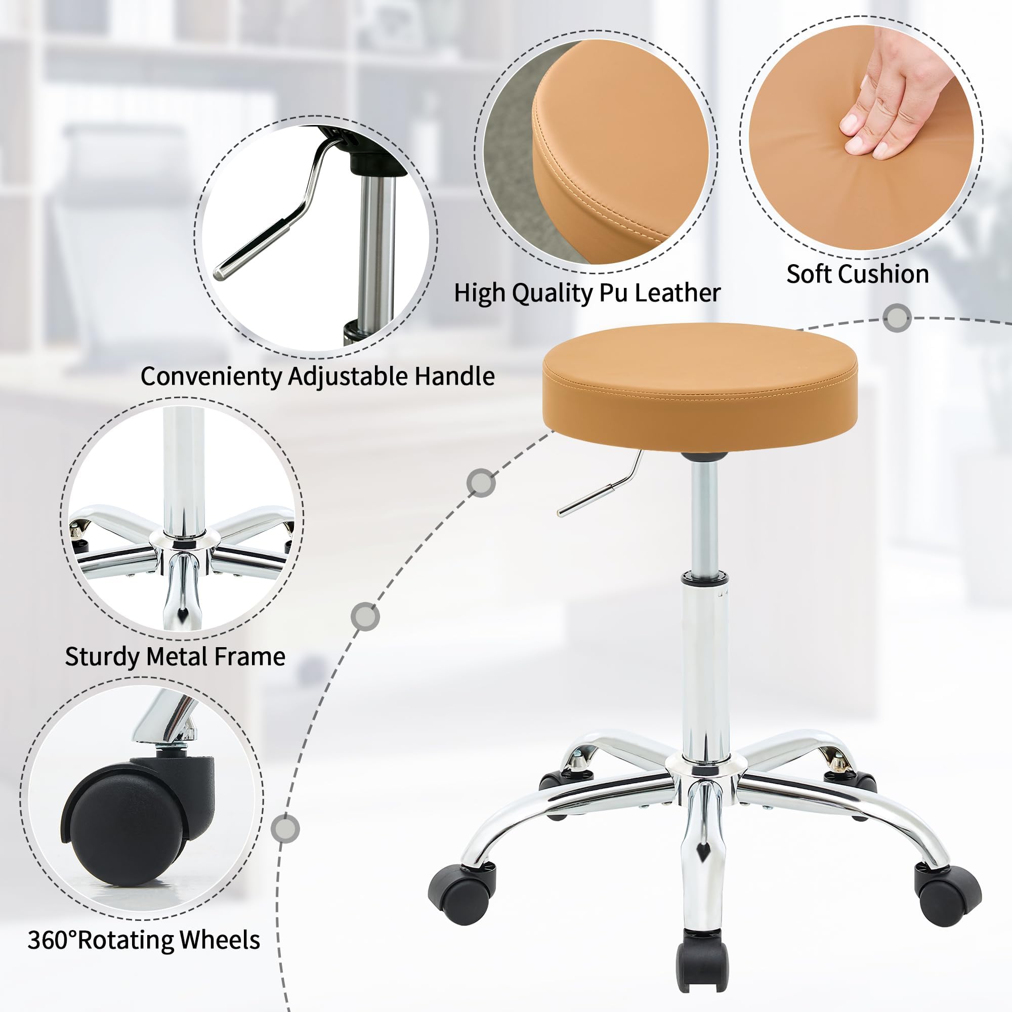 FIRAVOE Adjustable Rolling Office Stool with Wheels, Swivel Desk Chair 49.5–67.6 cm Height, Comfortable and Sturdy Work Stool for Office