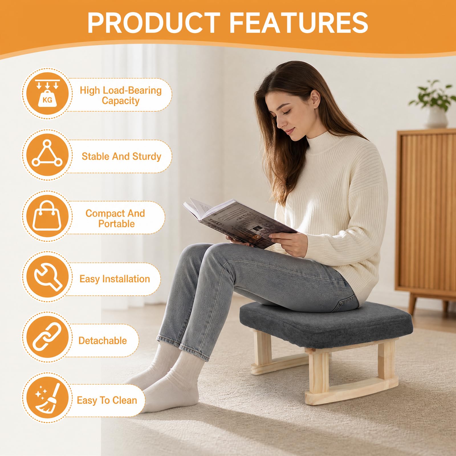 Foot Stool with 2 Linen Removable Cover, Solid Wooden, 18cm, Thickened