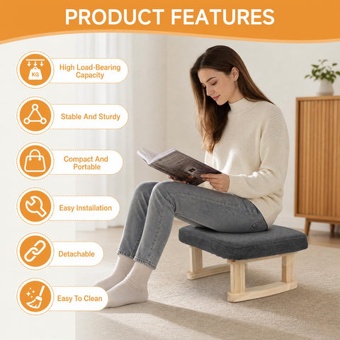 Foot Stool with 2 Linen Removable Cover, Solid Wooden, 18cm, Thickened
