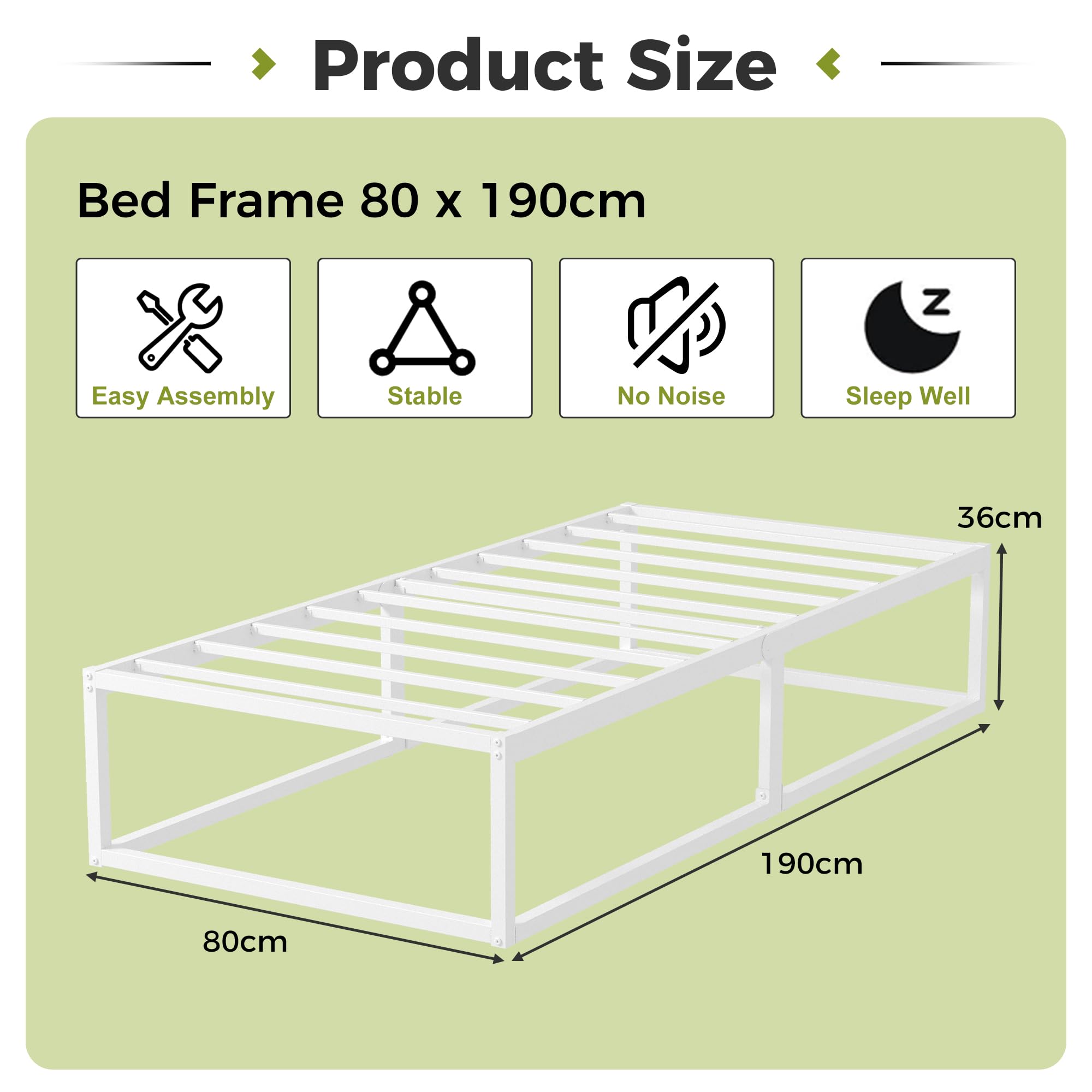 EMODA Metal Bed Frame 80 x 190cm with Steel Slats Support, White