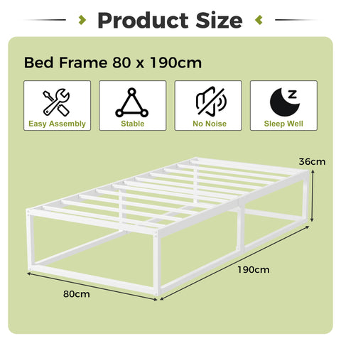 EMODA Metal Bed Frame 80 x 190cm with Steel Slats Support, White