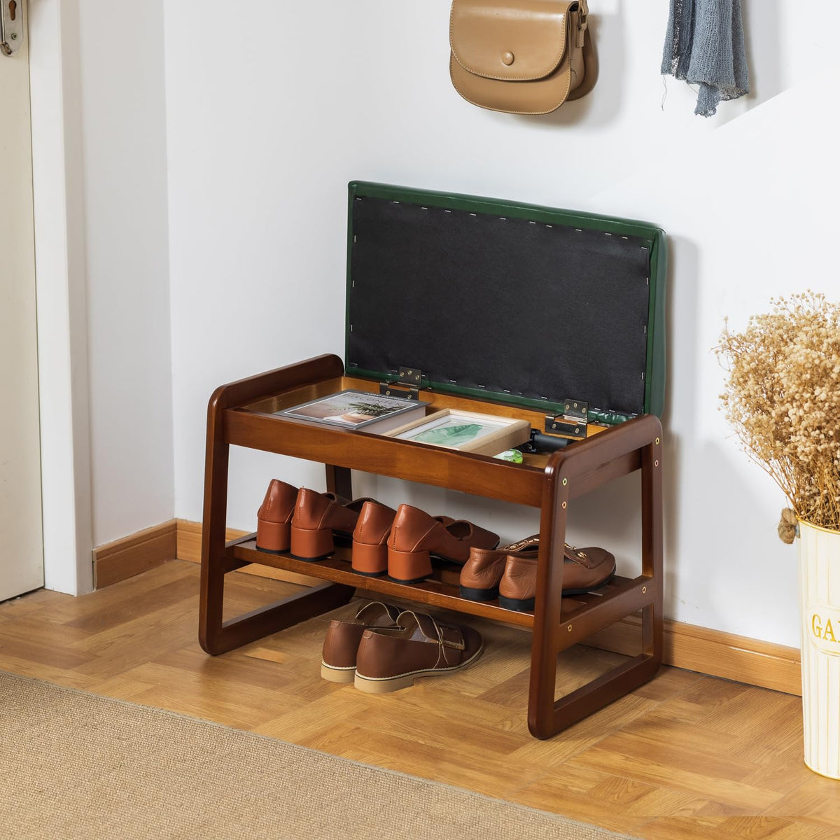 SOBIBO Solid Wood Shoe Bench, 2-Tier Entryway Bench with Cushion and Flip-Open Storage Box, Mid-Century Modern Shoe Bench Rack for Hallway
