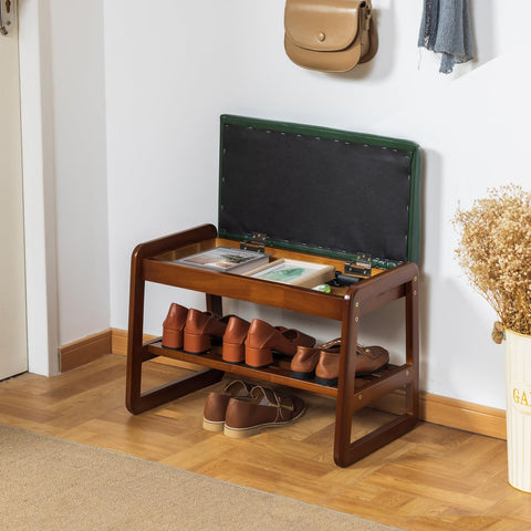 SOBIBO Solid Wood Shoe Bench, 2-Tier Entryway Bench with Cushion and Flip-Open Storage Box, Mid-Century Modern Shoe Bench Rack for Hallway