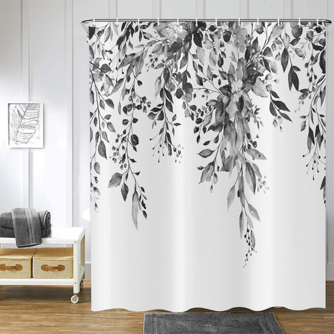 ASDCXZ Black Eucalyptus Shower Curtain 180x200 cm, Spring Watercolor Eucalyptus Leaves Floral Plants Waterproof Bath Curtain Polyester Textile