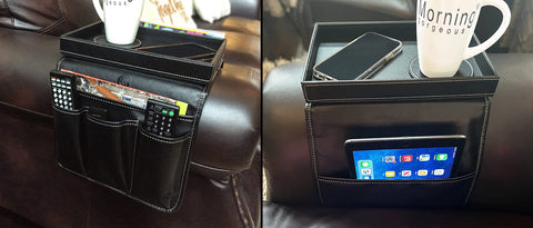 GLOCHYRA Armchair Caddy Remote holder for Recliners Armrest Organizer PU Leather - 5 Pockets Chair Caddy for phone
